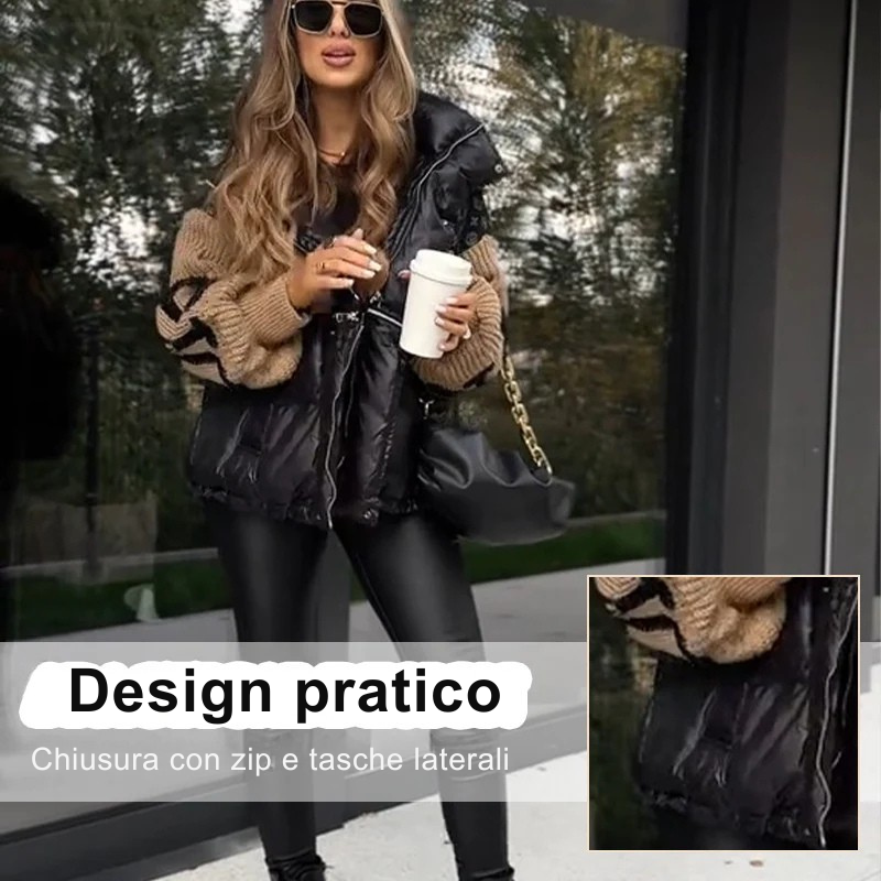 GIACCA IMBOTTITA CON CAPPUCCIO E MANICHE IN PATCHWORK