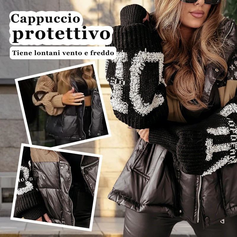 GIACCA IMBOTTITA CON CAPPUCCIO E MANICHE IN PATCHWORK